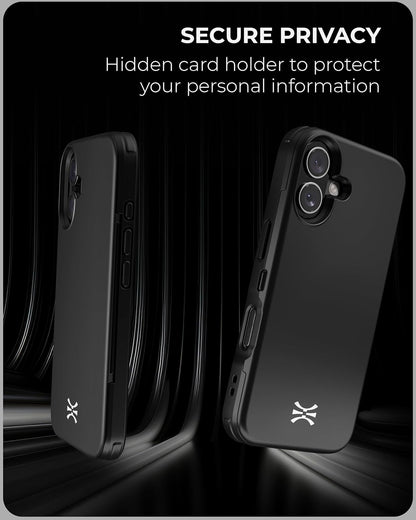 TORU CX Slim for iPhone 16 Case Wallet | Protective Shockproof Heavy Duty Cover with Hidden Card Holder & Card Slot | Mirror & Wrist Strap Included - Black