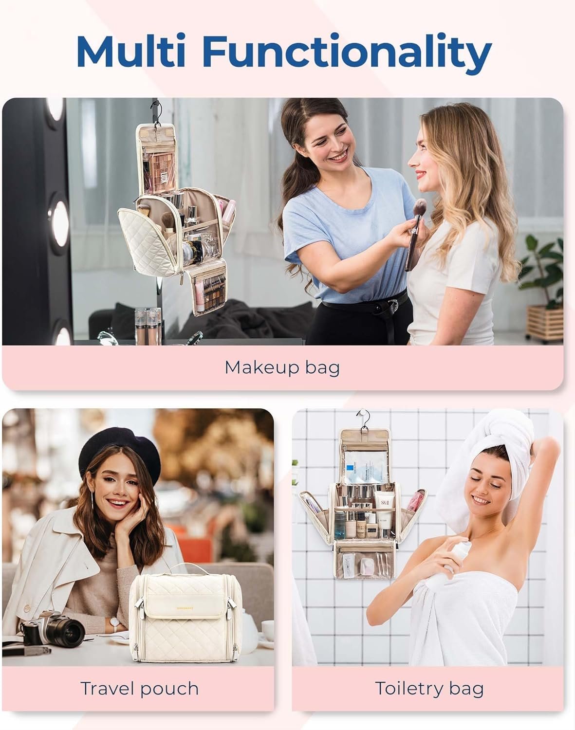 BAGSMART Travel Makeup Bag, Cosmetic Bag Make Up Organizer Case, Large Capacity Water-Resistant Organizer for Toiletries Accessories Brushes Sponge, with Hanging Hook and Handle, Beige