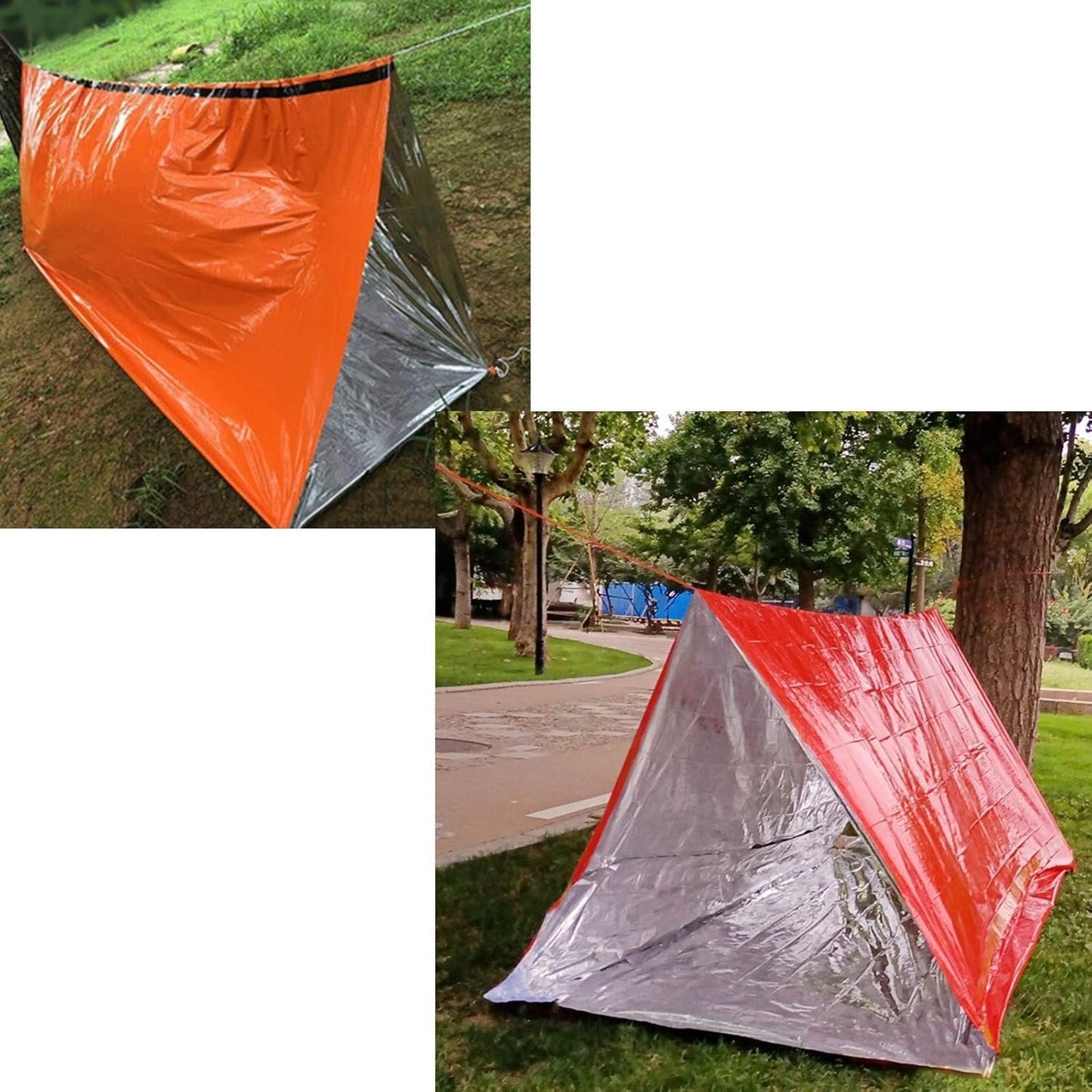 1 Piece Survival Shelter, Polyester Film Emergency Tent Survival Kit with String Bundle Pocket Whistle for Hiking, Car Camping（Orange）