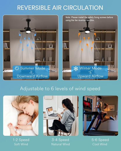 Smart Socket Fan Light, Wi-Fi Color Changing Light Socket Ceiling Fan with Lights and Remote, 6 Adjustable Fan Speed, LED Lights Socket Fans for Bedroom Bathroom Garage Kitchen, Black