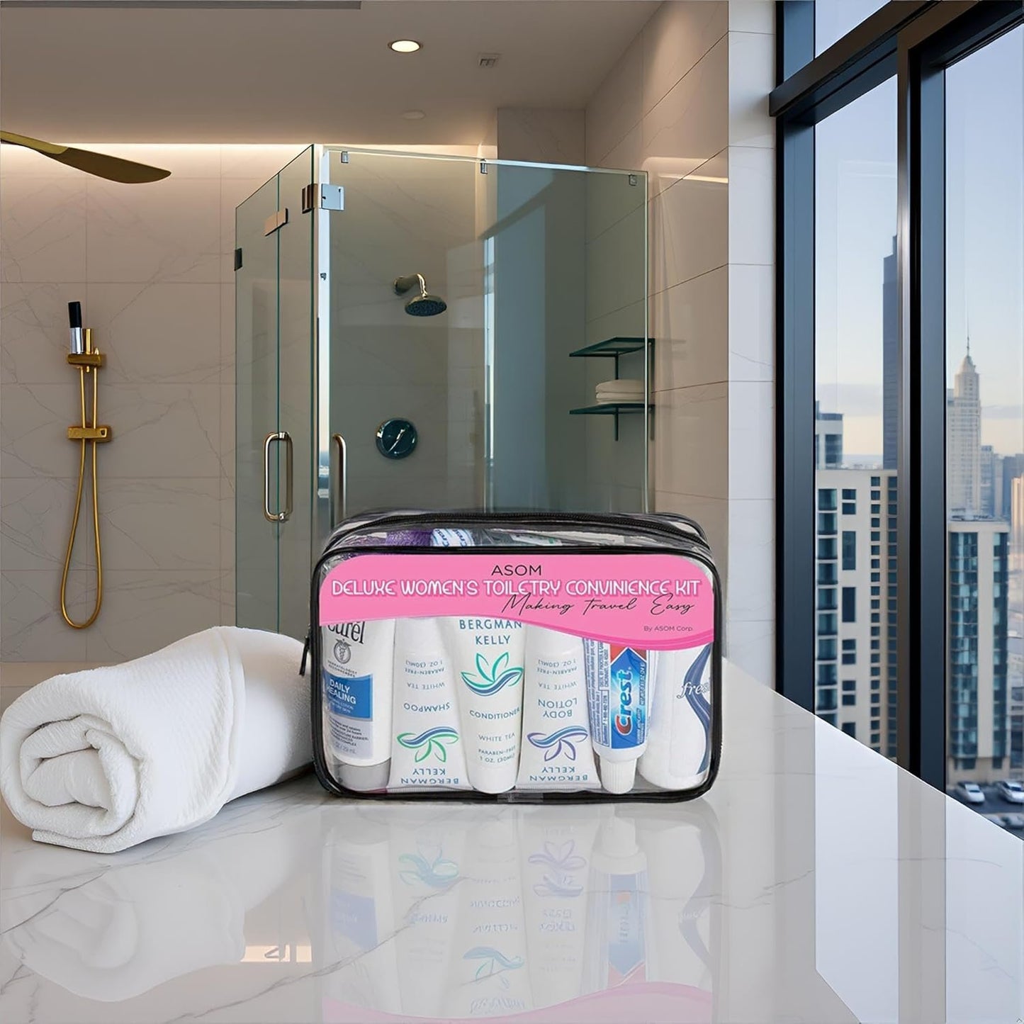 Asom Travel Toiletries Convenience Kit, Personal Care Toiletry Wellness Accessory Hygiene Essentials Set, Clear TSA Approved Traveling Unisex Toiletry Accessories Kits, 36 Pc., Clear, Handheld, Women Toiletries Convenience Kit
