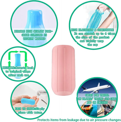 8 Reusable Silicone Accessory Elastic Sleeve Toiletry covers for Leak Proofing, for Standard and Travel Sized Toiletries.