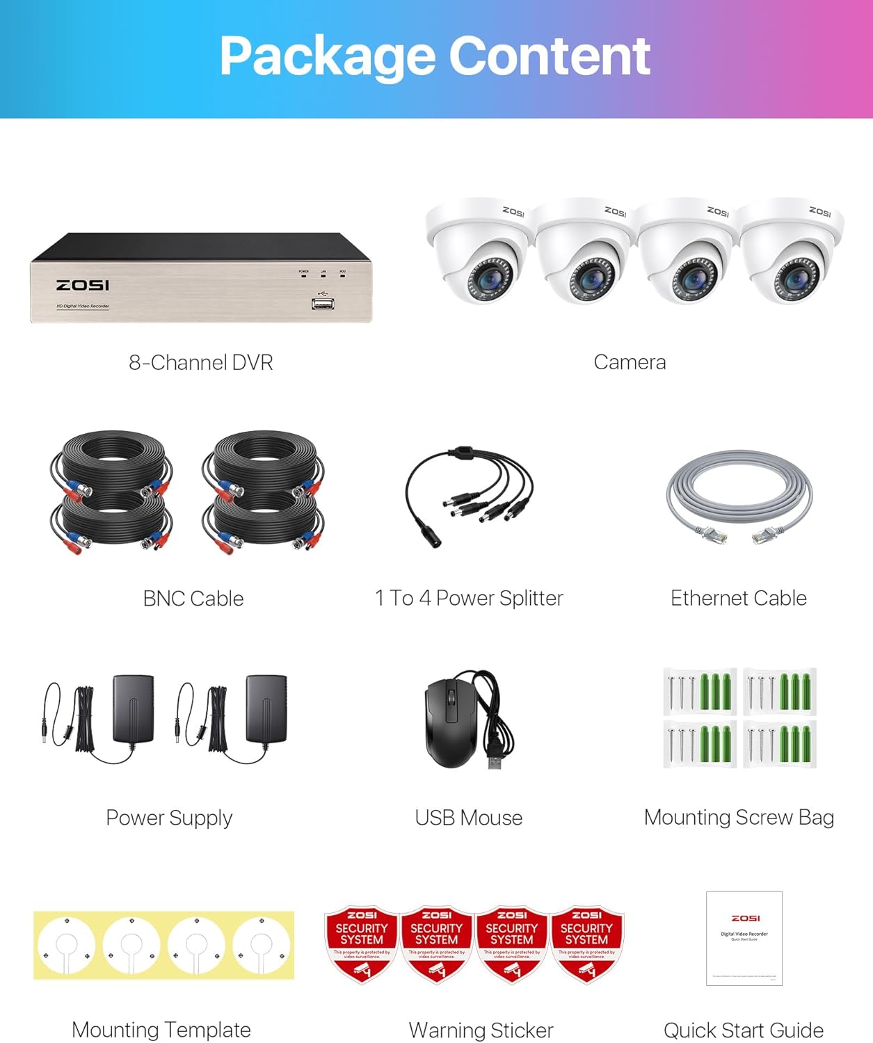 ZOSI Wired Video Surveillance System 1080P 8CH Full HD H.265+ DVR with 4x Surveillance Camera, IP66 Waterproof, Night Vision, Motion Detection, Instant Alert, No HDD
