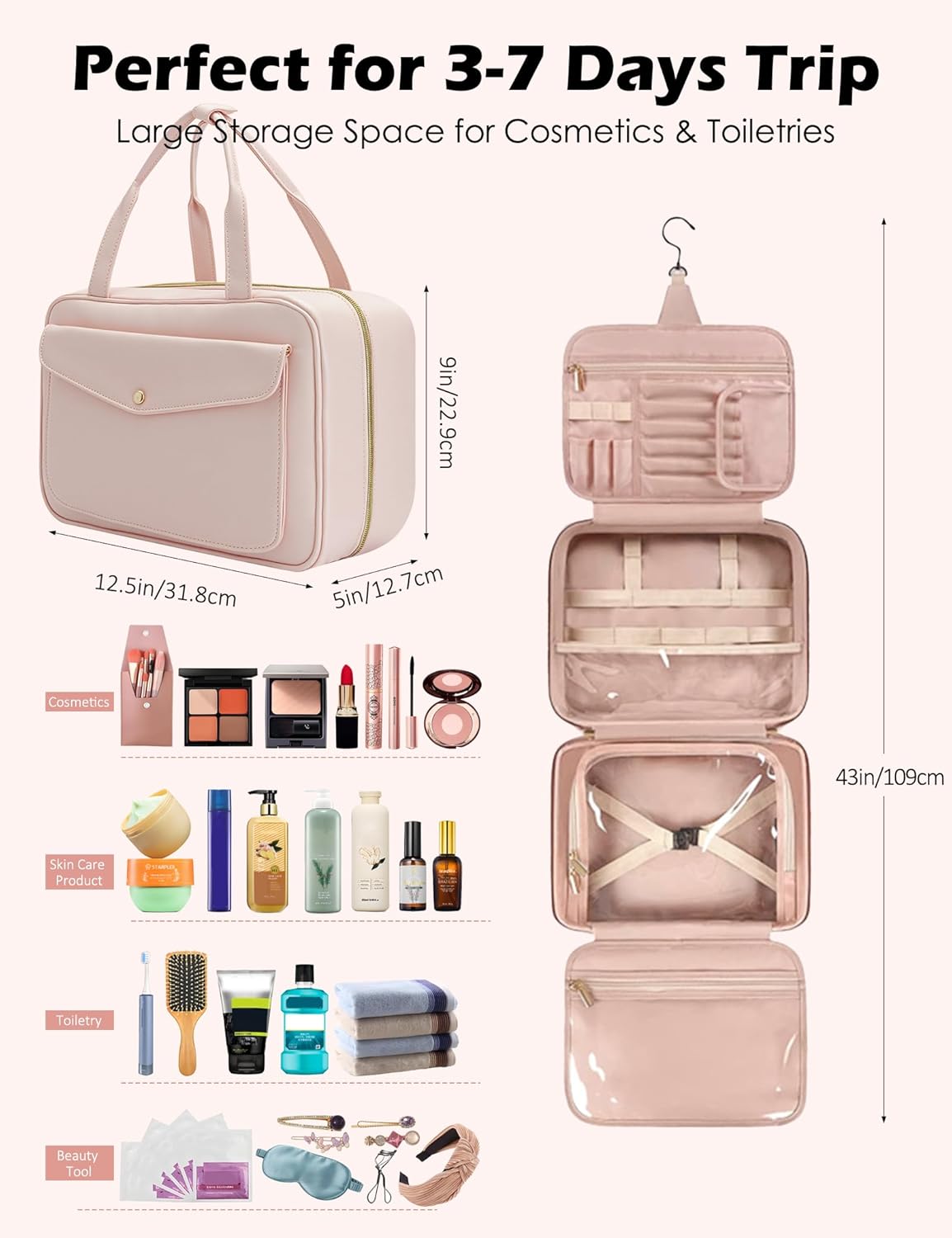 Travel Toiletry Bag,Hanging Leather Large Capacity Travel Wash Bag,Waterproof Portable Make Up Bag,Travel Storage Skin Care Cosmetics Toiletries (Black)