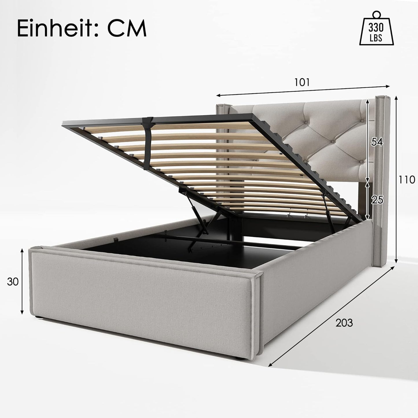 Ctastay Padded Bed, 90 x 200 cm, Adult Hydraulic Bed with Wooden Slatted Base, Frame and Headboard, Underbed Container, Cotton, Light Grey, Without Mattress