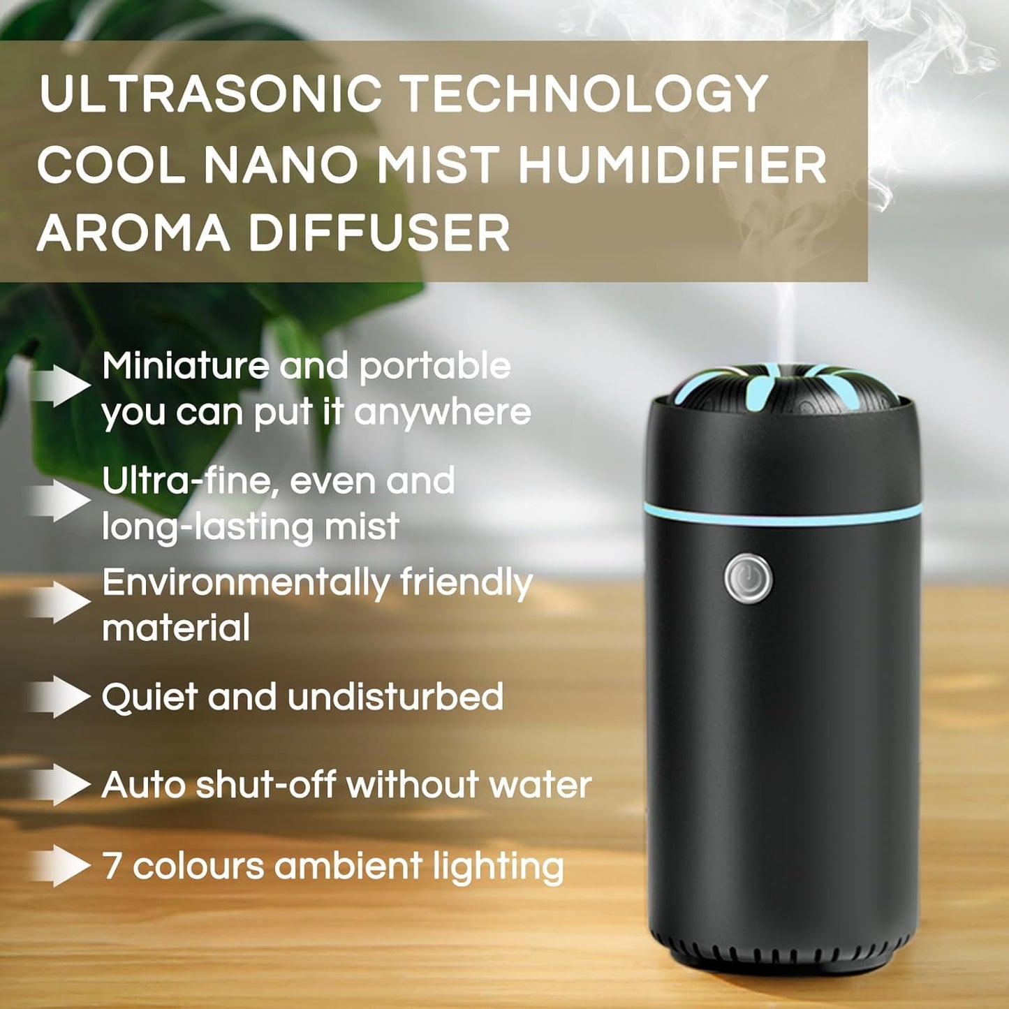 Gonlink Car Humidifier Diffuser - Smart Cool Mist Air Freshener for Essential Oils - USB for Car, Home, Office, Bedroom (Black)