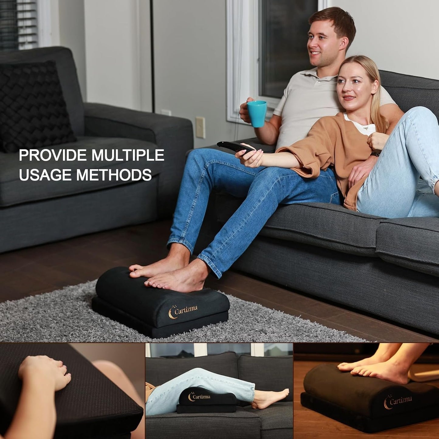 Cartizma Ergonomic Foot Rest for Under Desk at Work - Wavy Shaped for Heel Support, Memory Foam, Anti-Slip, Washable Cover - Office & Gaming Footrest, Back & Leg Pain Relief, Desk Foot Stool (black)