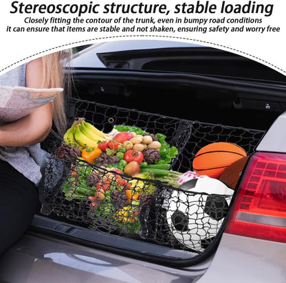 Three Pocket Mesh Storage Net, Mesh Trunk Cargo Net Storage Organizer, Heavy Duty Black Mesh 3 Pocket Trunk Cargo Organizer for Car, Van, SUV Pickup Truck Bed