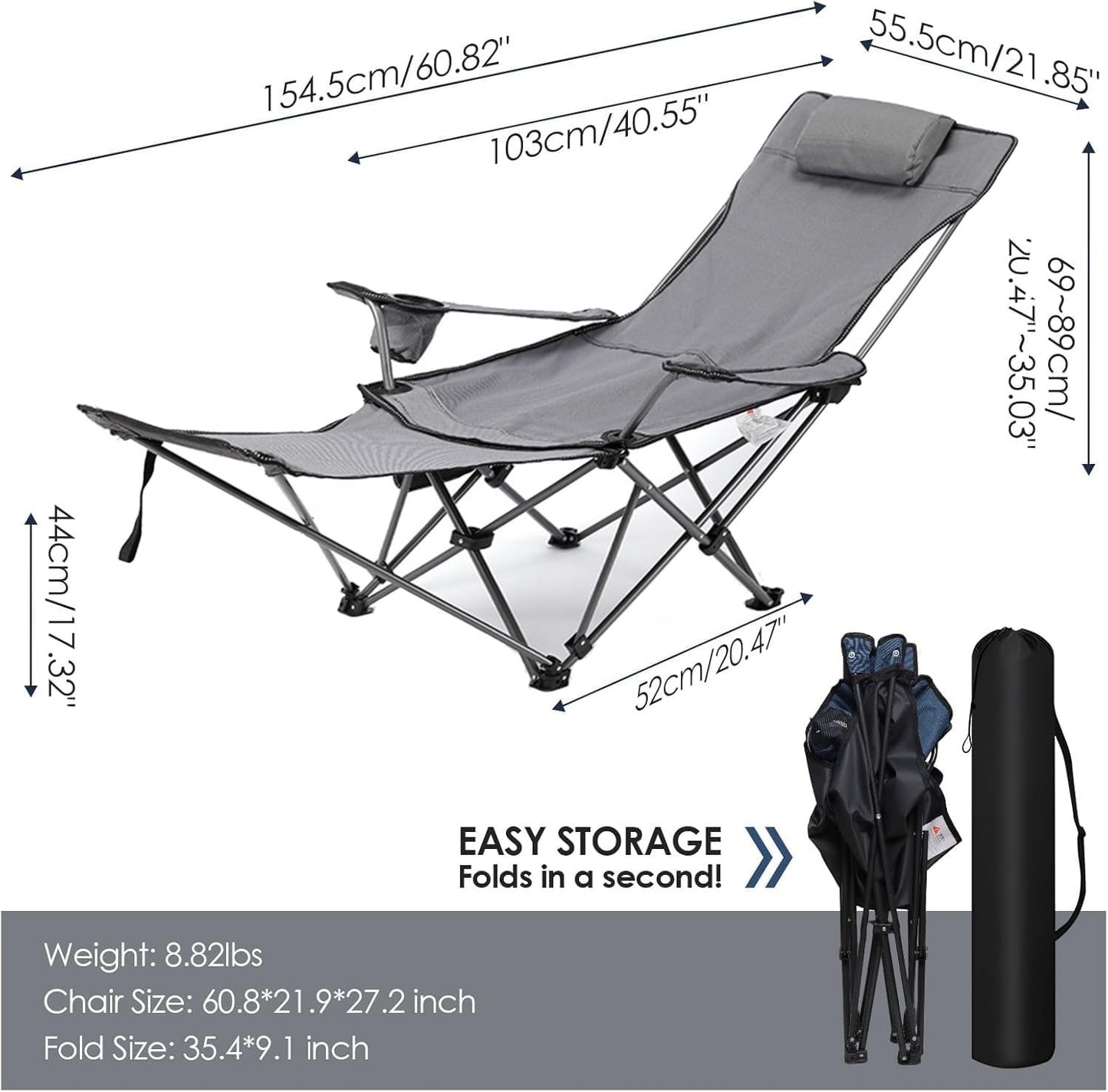 Dsocool Camping Chair Foldable Beach Chairs Adjustable High Back Lawn Chair Recliner Support 120KG with Cup Holder Pocket Carry Bag for Adult Outdoor Picnic Travel Fishing with Foot Pad (Grey)