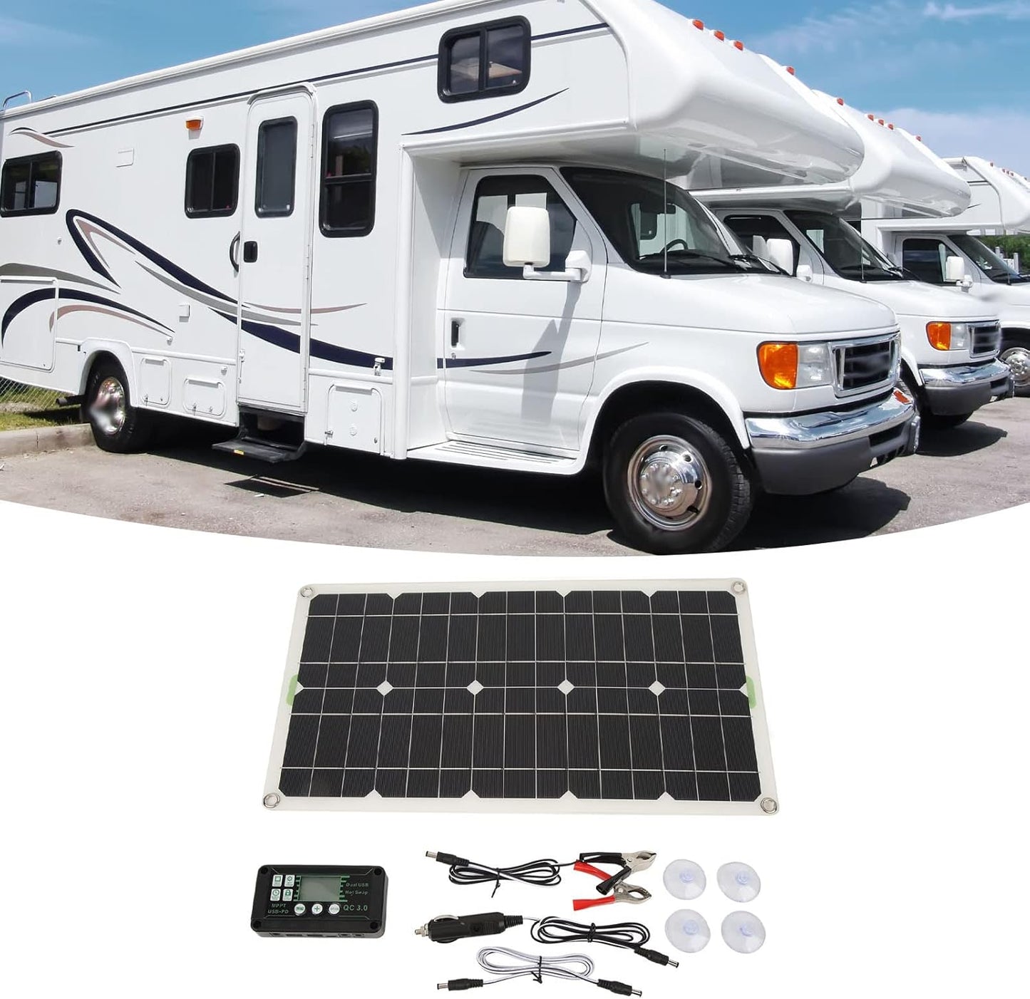 Solar Panel Kit, 250W Portable Monocrystalline Solar Panel with 30A Controller, Dual USB Interface for RV Home Camping, Outdoor Solar Panel System, Emergency Power Supply