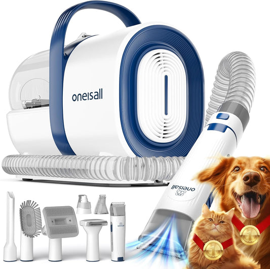 oneisall Pet Grooming and Vacuum Suction for Pets, Dog and Cat Clipper, Professional Long Hair, 7 Grooming Tools for Dog and Cat Hair Removal (Blue)
