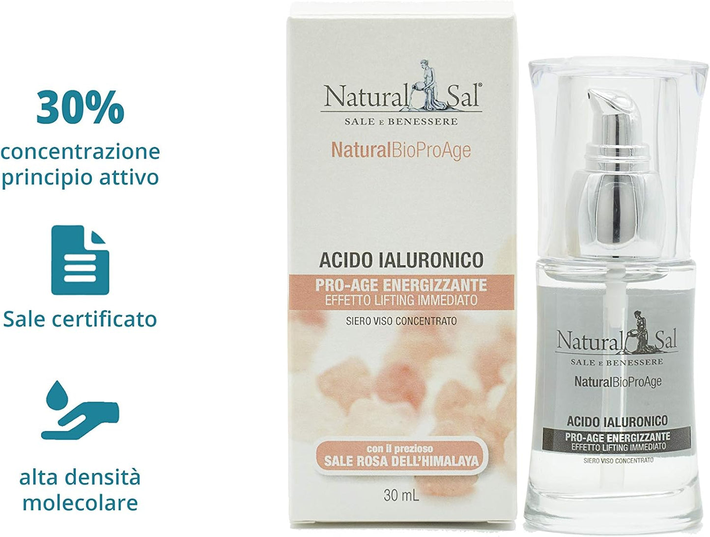 Natural Hyaluronic Acid. Lifting and Anti-Aging Effect, Great for the Face with Himalayan Pink Salt. ProAge Energizing for All Skin Types, 30 ml Made in Italy