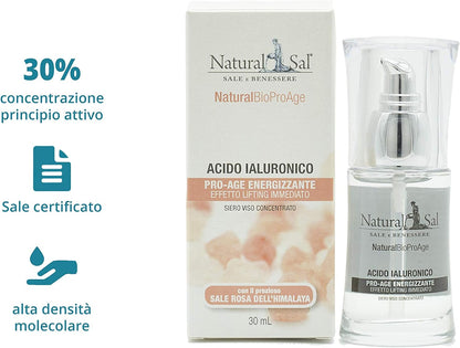 Natural Hyaluronic Acid. Lifting and Anti-Aging Effect, Great for the Face with Himalayan Pink Salt. ProAge Energizing for All Skin Types, 30 ml Made in Italy