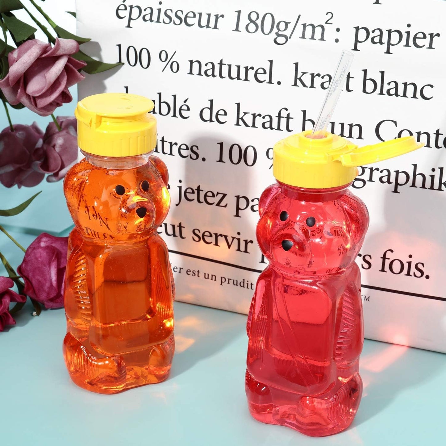 4 Pieces Juice Bear Bottles Honey Bear Drinking Bottles Plastic Reusable Drinking Cups with 4 Pieces Soft Silicone Straws for Daily Drinking Supplies (Yellow)