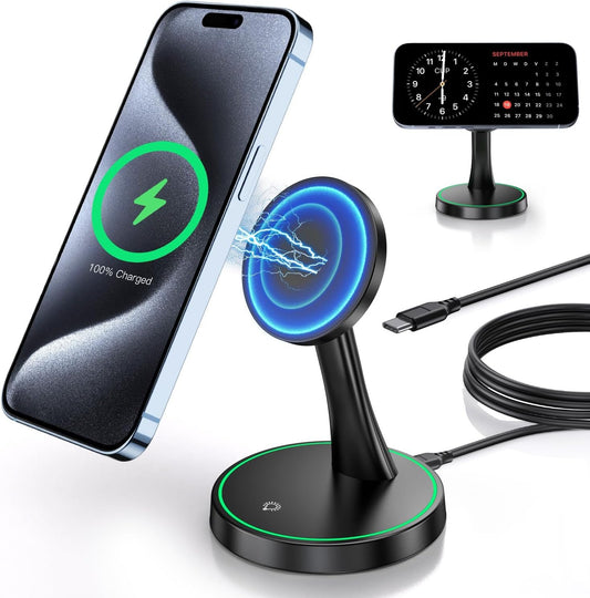 Magnetic Wireless Charger Stand 15W Fast Mag-Safe Charger for iPhone 16/16 Pro/16 Plus/16 Pro Max/15/14/13/12 Series Magnet Wireless Charging Station/Pad with Sleep-Friendly Light for AirPods 3/Pro/2