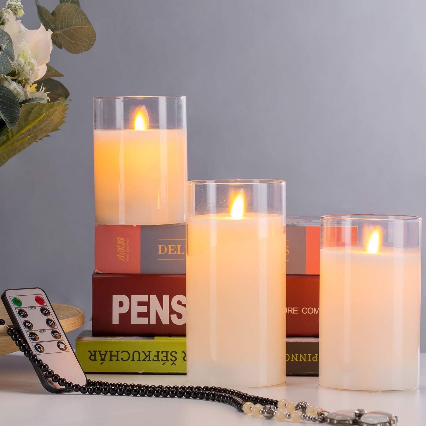 AKU TONPA Pack of 3 (Φ 3" x H 4"/5"/6") LED Flameless Battery Operated Candles with Remote and Timer, Acrylic Pillar Candles for Festival Wedding Christmas Home Party Decor, Indoor and Outdoor Use