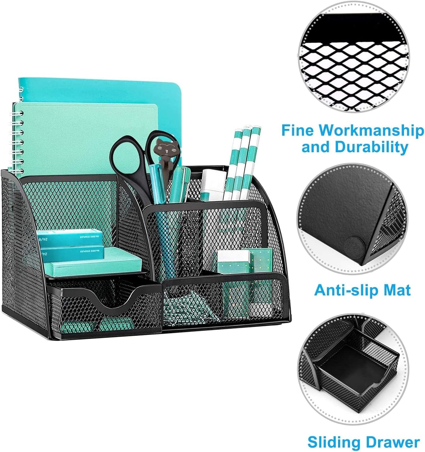 OKPOW Mesh Desk Organiser,Multi-Use Desk Tidy & Pen Holder with 6 storage and 1 Slide Drawer,Stationary Organiser for School,Home,Office desktop supplies (Black)