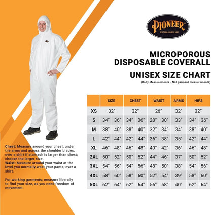 Pioneer Microporous Disposable Coveralls - Protects from Chemicals, Bleach, Paint - Breathable & Comfortable - Type 5 and 6