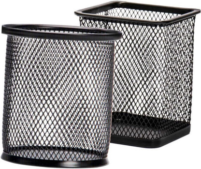 Tofficu 2 Pcs Black Iron Mesh Pen Holder Cylinder Cuboid Design for Office Organization Stylish Desk Storage for Home School and Workspaces
