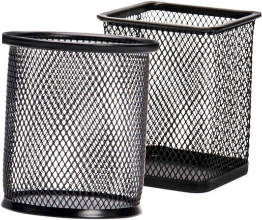 Tofficu 2 Pcs Black Iron Mesh Pen Holder Cylinder Cuboid Design for Office Organization Stylish Desk Storage for Home School and Workspaces
