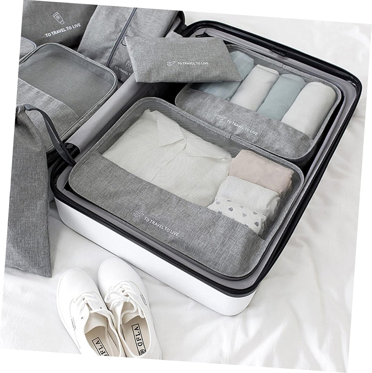 Holibanna 7Pcs Travel Packing Cubes Zipper Clothing Storage Pouches for Luggage Organization Travel Accessories for Clothes Shoes and Makeup Grey