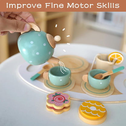 YUNCHY Tea Party Set for Kids Wooden Tea Set for Little Girl and Boy, Toddler Food Pretend Play Accessories Kitchen Playset Wooden Toys 3 4 5 Year Old Girl Christmas Birthday Gift