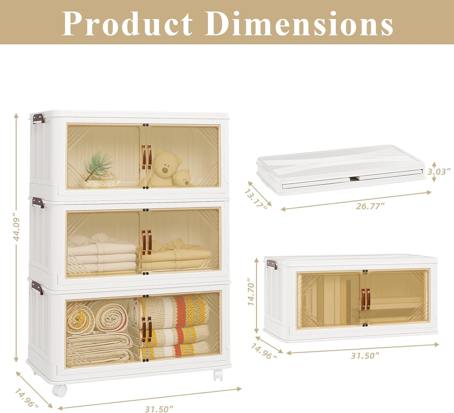 Storage Bins with Lids, 90 Gal/360 Qt Capacity, 3 Pack Large Stackable Storage Bins with Lids, White Collapsible Storage Bins with Wheels, Foldable, Customizable, for Home Office Organization