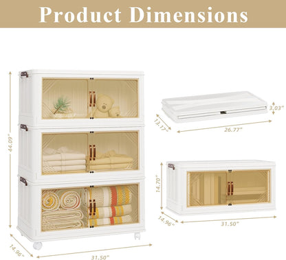 Storage Bins with Lids, 90 Gal/360 Qt Capacity, 3 Pack Large Stackable Storage Bins with Lids, White Collapsible Storage Bins with Wheels, Foldable, Customizable, for Home Office Organization