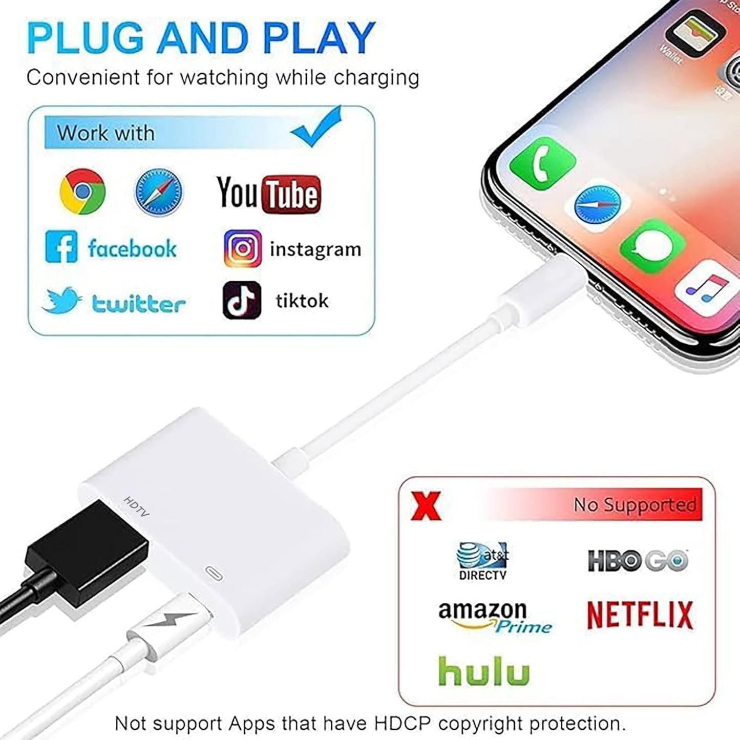 HDMI Adapter for iPhone, A-pple to HDMI Adapter, 1080P HD Apple to Digital AV A-dapter, iPad to HDM-I A-dapter for TV, Charging and Reading Simultaneously