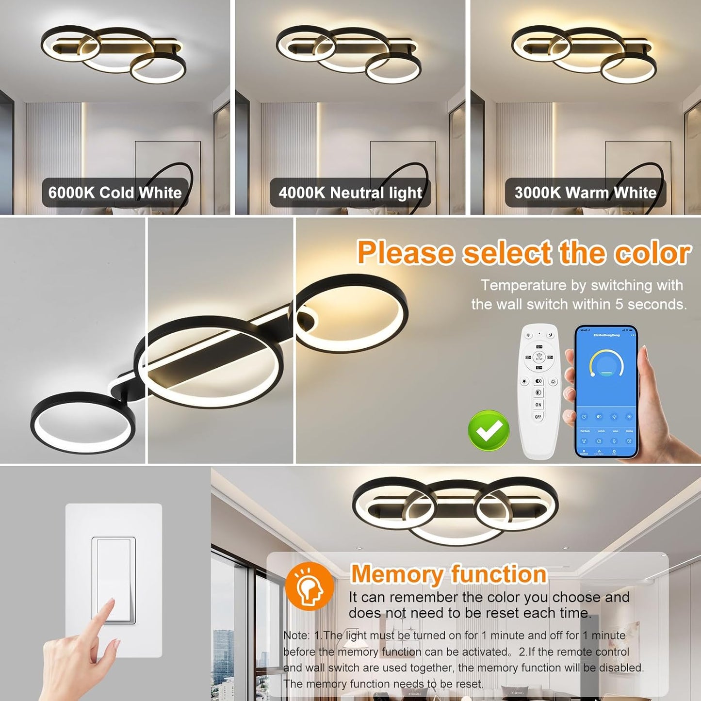 Modern LED Ceiling Light, 36W 3000K-6500K, 3 Rings Round Design Bedroom Lighting, Interior Decorative Light with Remote Control APP Dimmable, Chandelier Lamp for Living Room, Office, Kitchen, Hallway
