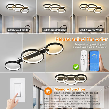 Modern LED Ceiling Light, 36W 3000K-6500K, 3 Rings Round Design Bedroom Lighting, Interior Decorative Light with Remote Control APP Dimmable, Chandelier Lamp for Living Room, Office, Kitchen, Hallway