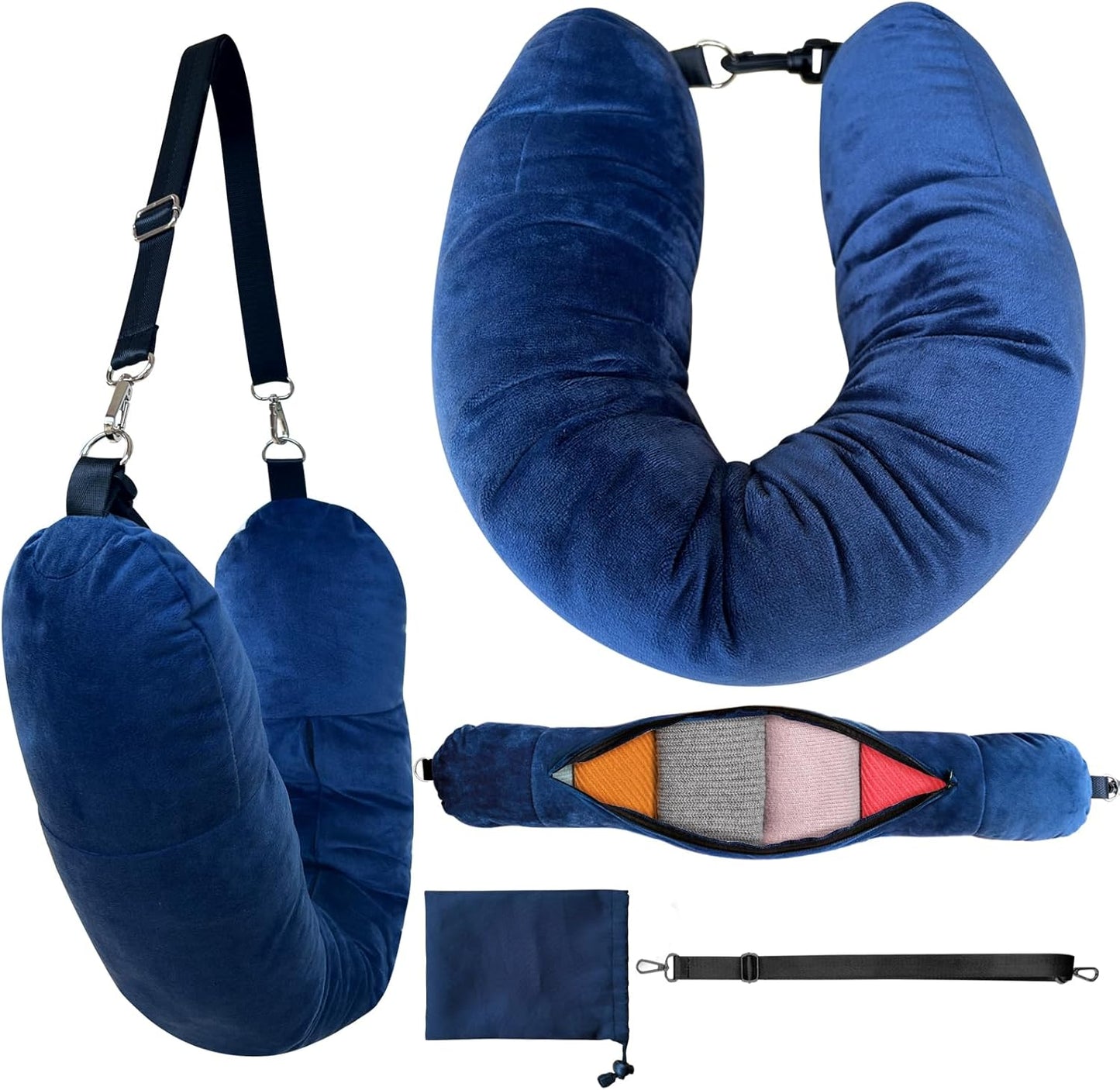 WheComd Stuffable Neck Pillow,Travel Neck Pillow Stuffable with Clothes,Travel Pillows for Airplane Train Car,Holds 3+ Days of Travel Essentials Storage Bag,Soft Velvet Neck Pillow Cover(Sea Blue)