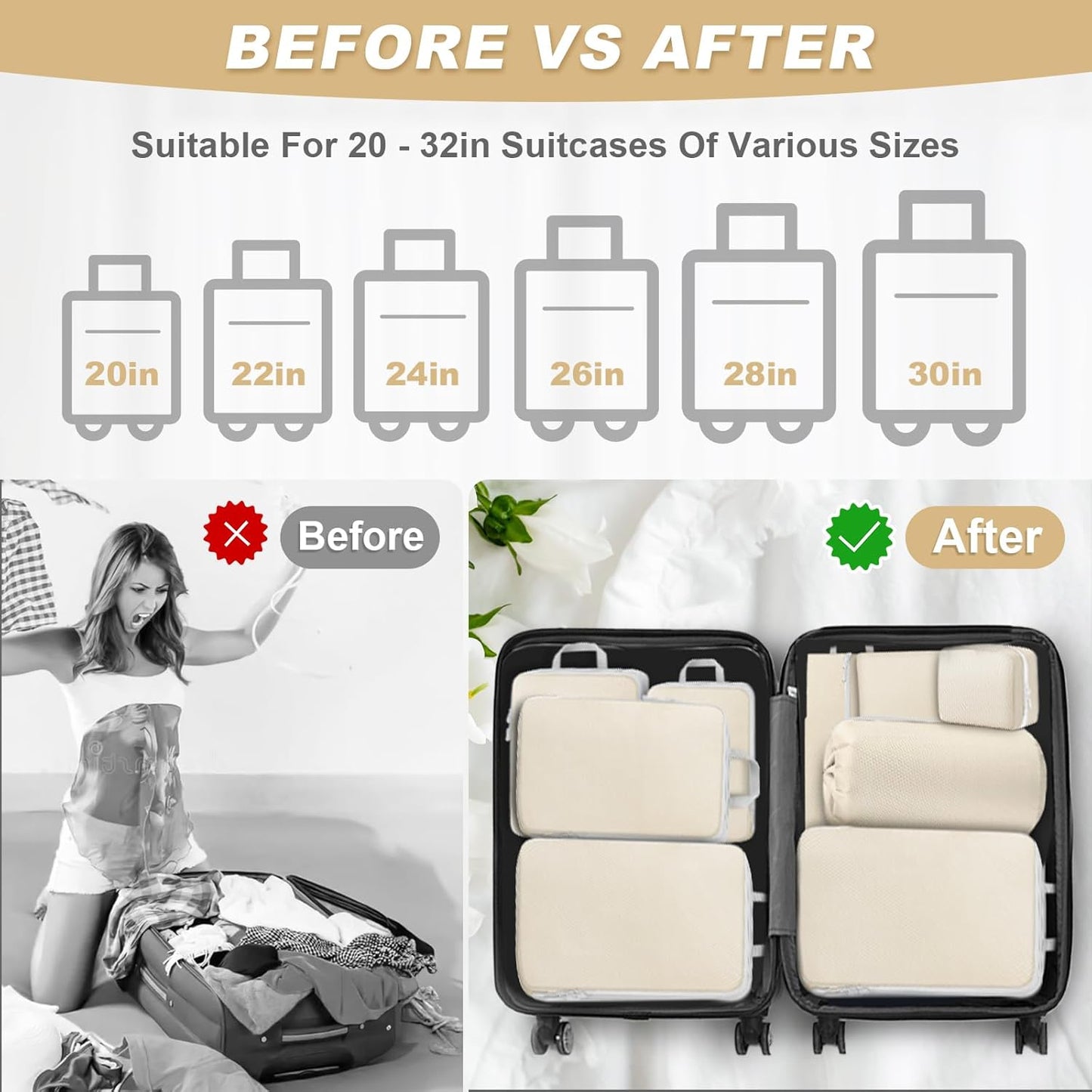 MUUKAIII Luggage Organizer, Set of 8 Compression Packing Cubes, Space-Saving Travel Organizer, Travel Suitcase Organizer, Backpack, Travel Organizer for Clothes Makeup, Beige