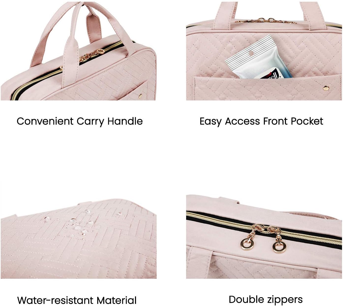 BAGSMART Toiletry Bag Travel Bag with Hanging Hook, Water-resistant Makeup Cosmetic Bag Travel Organizer for Accessories, Shampoo, Full-size Container, Toiletries (Baby Pink, Medium)