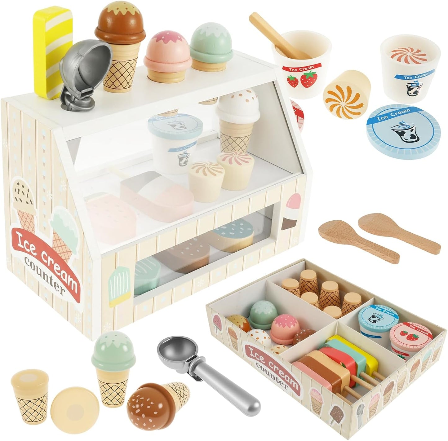 Wooden Ice Cream Toys, Wood Ice Cream Counter Play Set, Play Store Pretend Toy for Toddlers, Ice Cream Counter Shop with Spoon, Play Kitchen Accessories for Kids