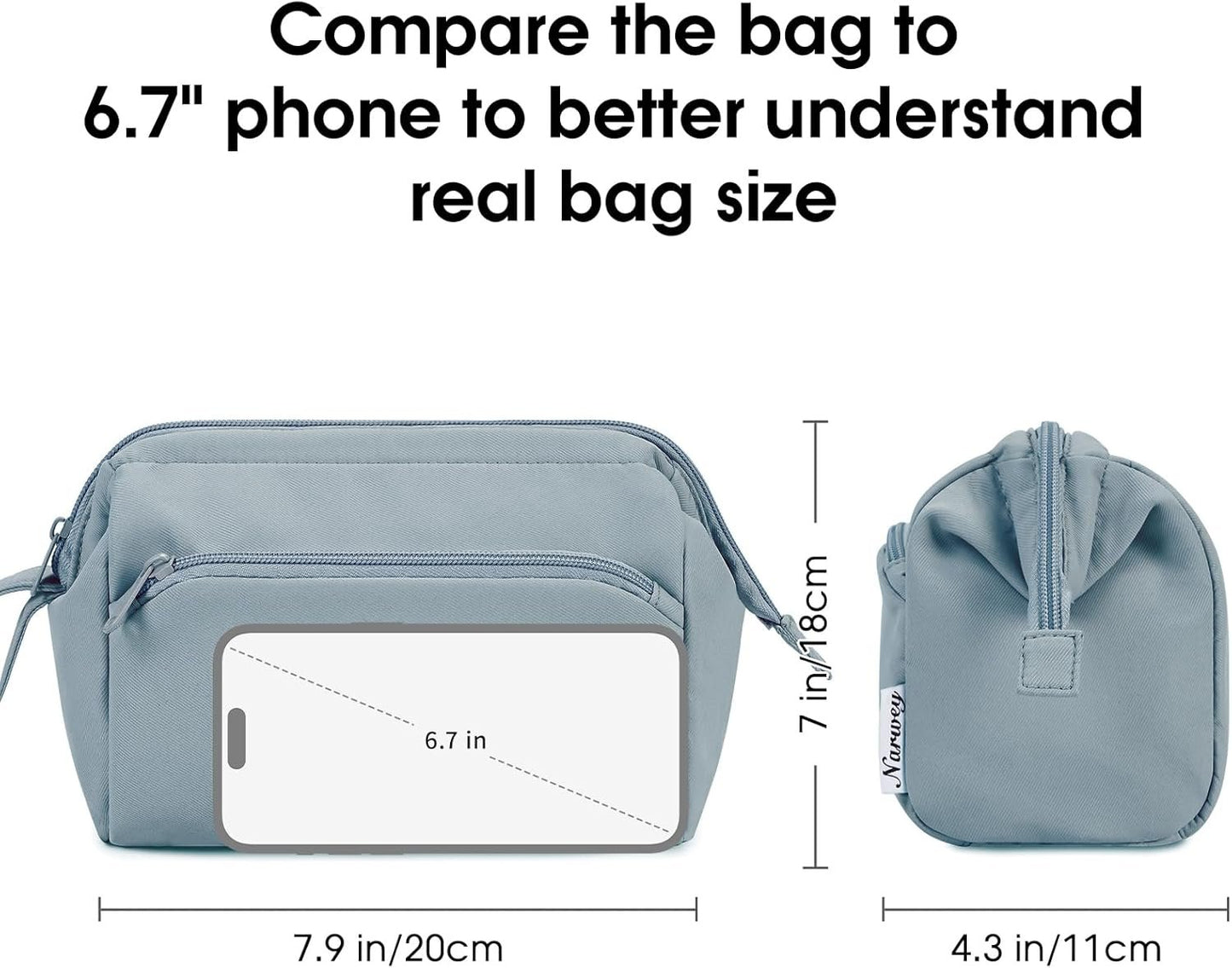 Narwey Large Women Makeup Bag Wide-Open Make up Bag Travel Cosmetic Organizer Toiletry Bag for Cosmetics Toiletries Accessories (Greyish Blue)