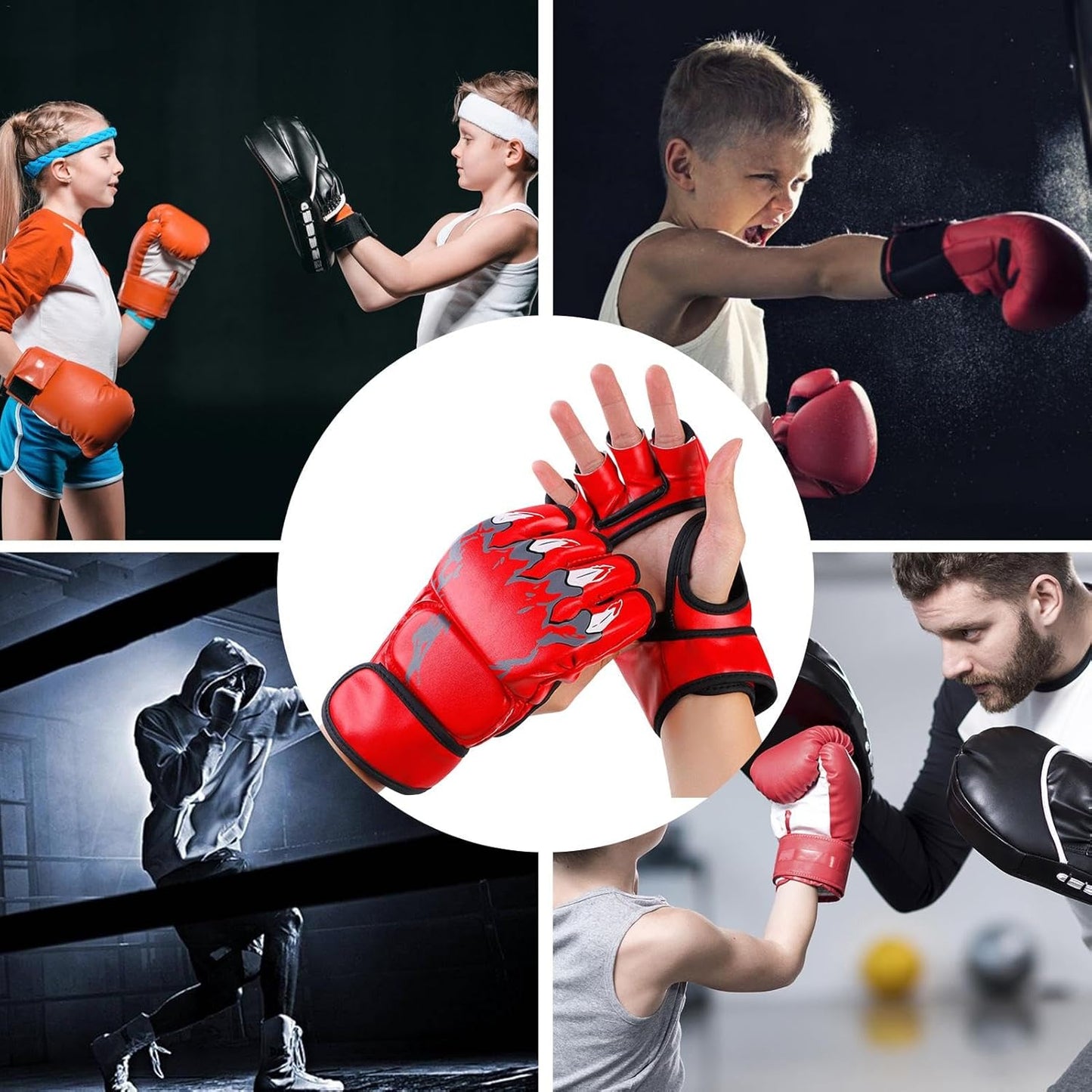 Boxing Gloves, Grappling Sparring Gloves, Half Finger Mitts, Adjustable Boxing Mitts, Wrist Support Gloves, Kickboxing Training Gloves, Cage Fighting Gloves, Punching Bag Workout Gear, Sparring Towing
