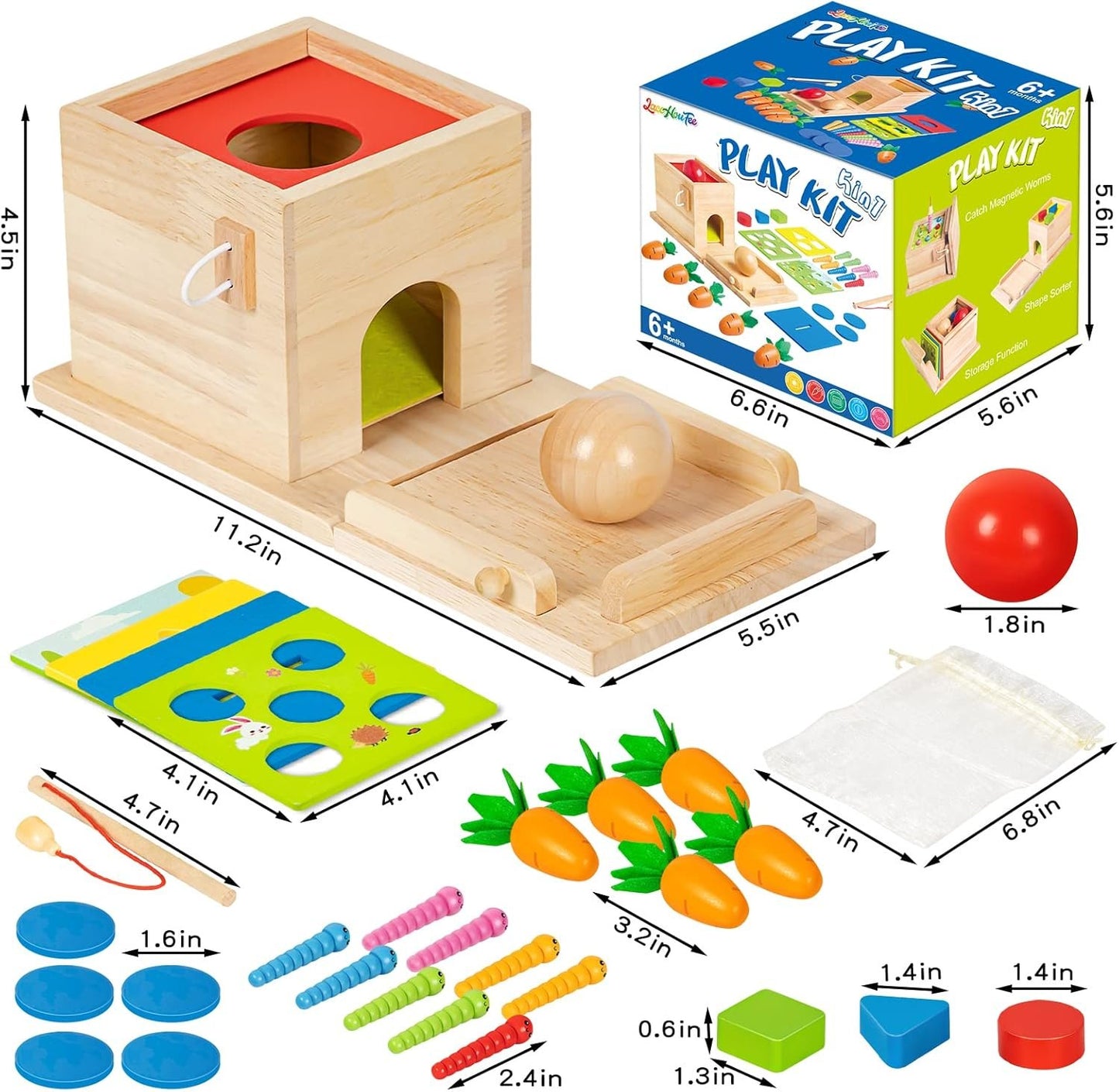 Wooden Montessori Toys for 1 Year Old, 5-in-1, Object Permanence Box, Coin Box, Carrot, Catch Worm, Shape Sorter, Learning Toy for Toddler Aged 1, 2, 3 Year Old Boys Girls