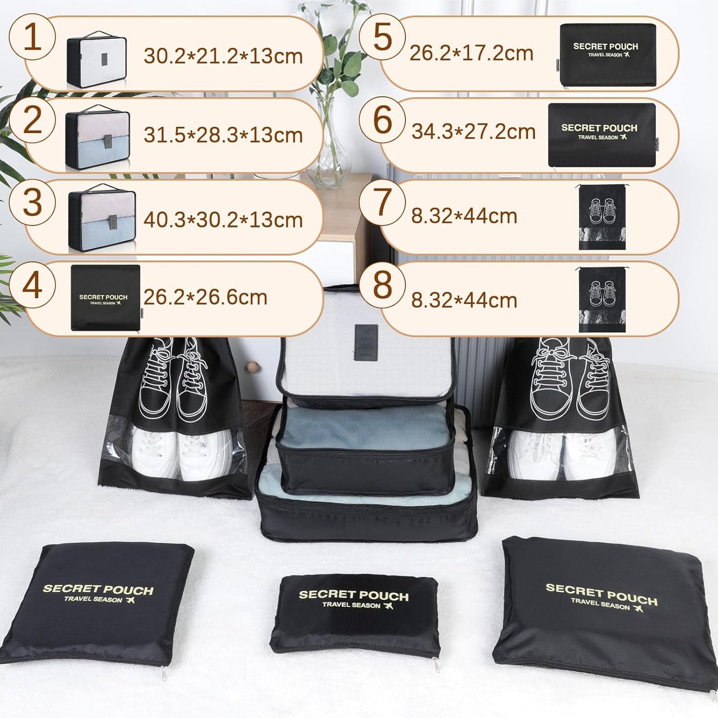 AiQInu 8 Pieces Organizer Suitcase Set, Packing Cubes, Travel Organizer, Sacks Suitcase