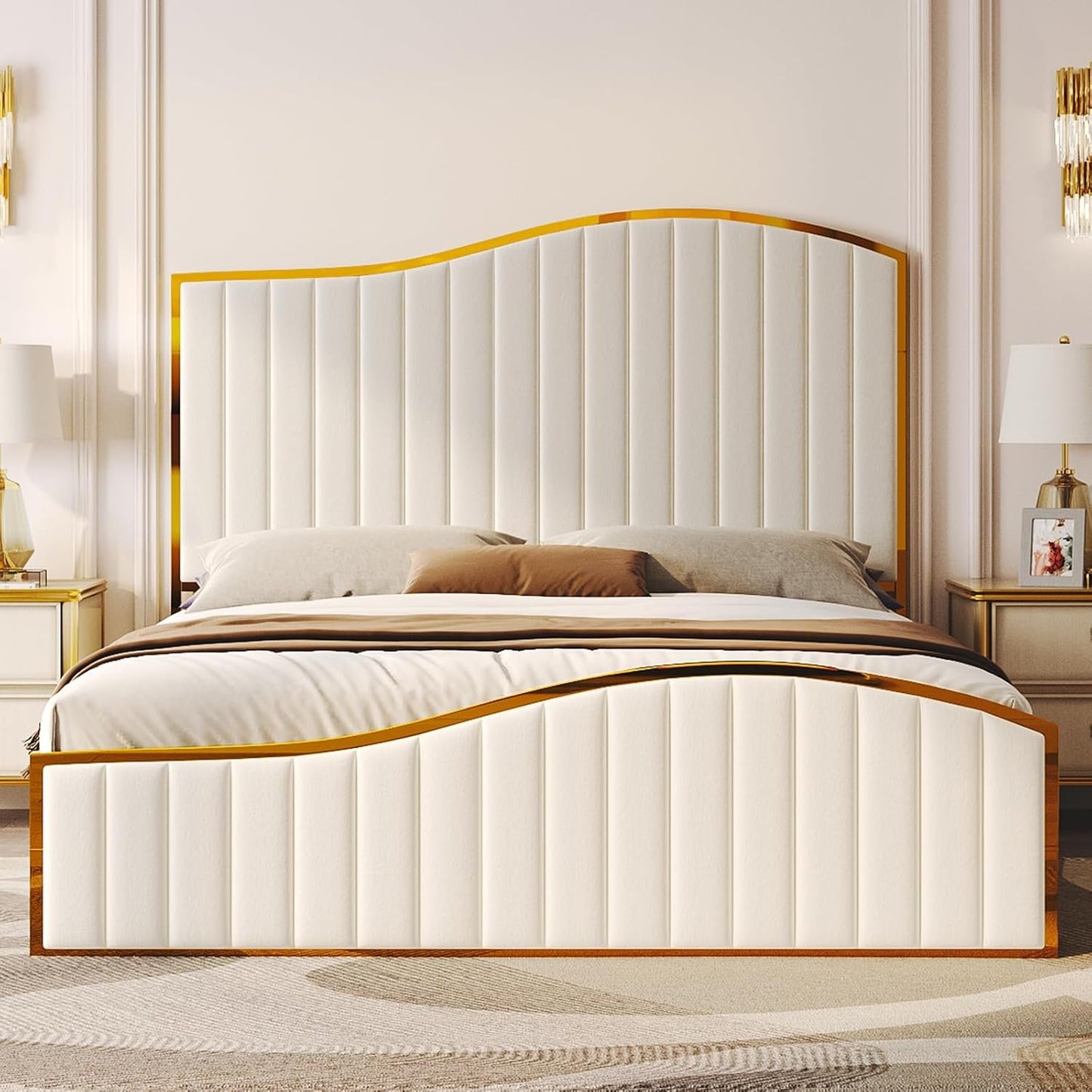 Jocisland King Size Bed Frame, 61.4" High Headboard Platform Bed Velvet Upholstered with Gold Trim & Footboard/Wooden Slats/No Box Spring Required/Cream