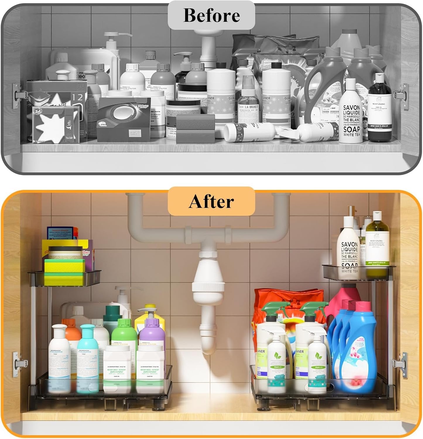 Fowooyeen Under Sink Organizer, 2-Pack 2-Tier Sliding Basket Drawer, Multi-Purpose Cabinet Shelf for Kitchen and Bathroom Storage