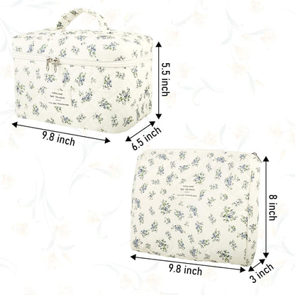 Large Makeup Bag Floral Cosmetic Bag Quilted Flower Travel Makeup Toiletry Bags Set Organizer Cotton Cute Make Up Accessories Zipper Bags Pouch Travel Essentials Gifts for Women Teen Girls Blue