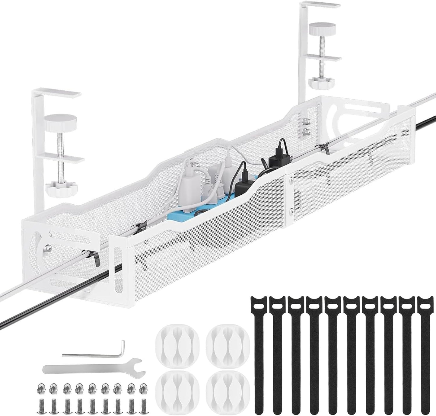 64CM Under Desk Cable Management Tray, Cable Organizer, Cable Management Box, Cord Organizer for Desk, Under Desk Storage for Office Home - No Drill to Desk Cable Raceway (White)
