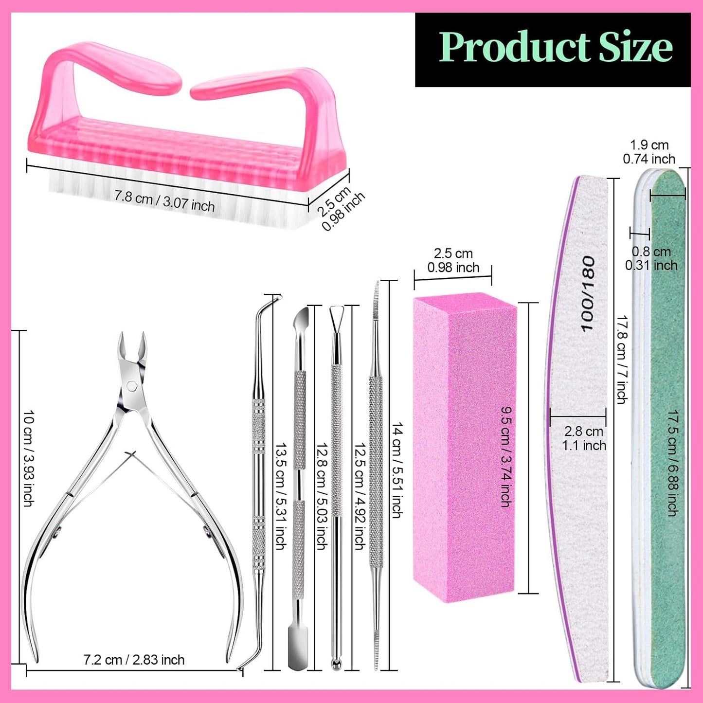 FANDAMEI Nail Care Tool Kit, Nail Files 100/180, Buffer Block, Cuticle Nippers, Cuticle Pusher, Cuticle Peeler, Nail Lifter for Ingrown Toenails, Toenail File, Nail Brush, for Manicure and Pedicure