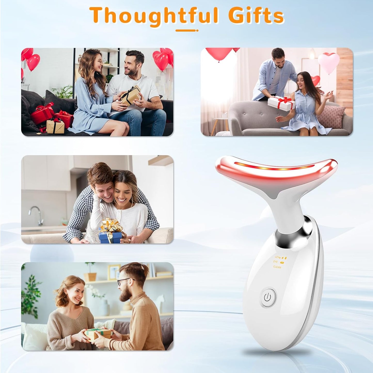 Facial Beauty Device, Face Massager Tool for Skin Care, Based on Triple Action LED, Thermal, and Vibration, Red and Blue LED Light, 7 Color Led Face and Neck Massager for Home Use (Glossy White)
