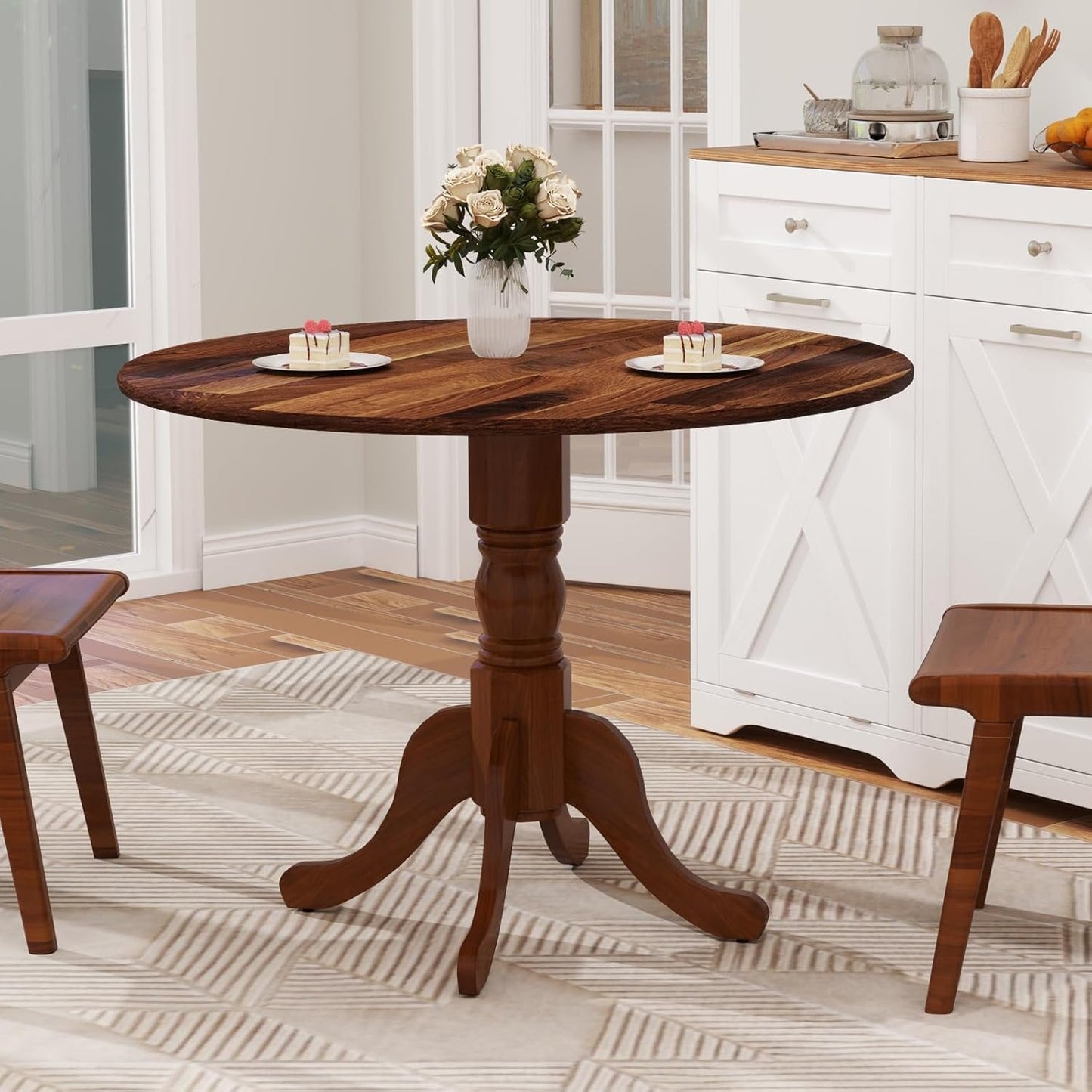 SILKYDRY 40-inch Round Dining Table, Rubber Wood Kitchen Dinette Table for 4 with Circle Tabletop & Pedestal Base, Mid Century Modern Dinette for Gathering, Leisure, Apartment, Bar (Walnut)
