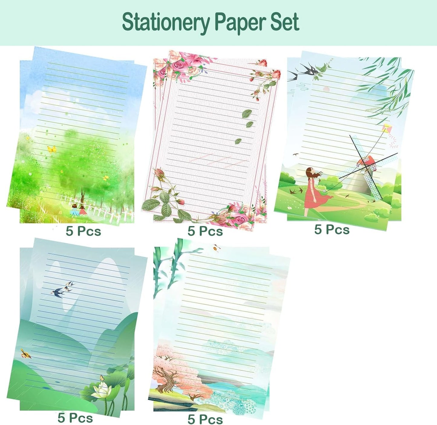 IMagicoo 50 Lined Writing Stationery Paper - Beautiful Design Writing Letter Paper Set, 10 Different Style