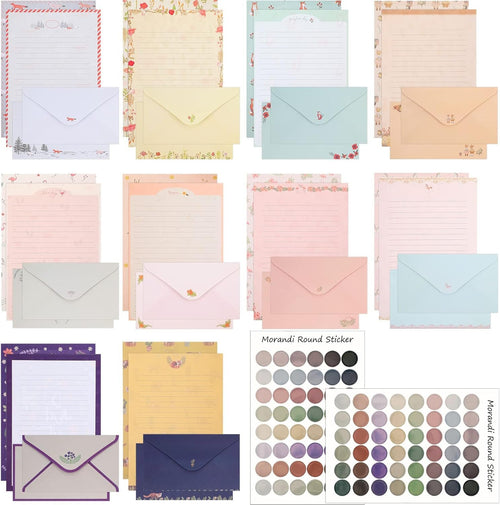 Laumoi 180 Pcs Papers and Envelopes Set - 60 Envelopes, 120 Lined Writing Paper, 96 Colorful Round Dot Stickers, 10 Designs (Vibrant)
