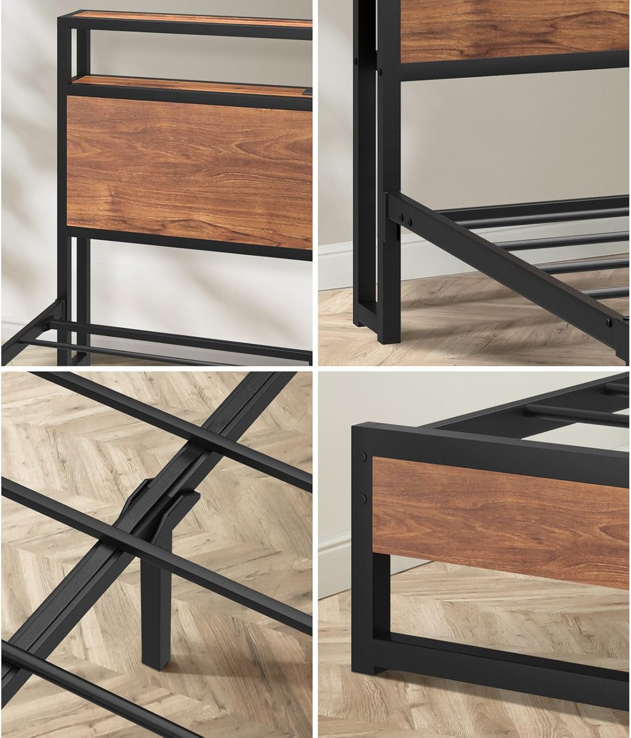 Oikiture King Bed Frame with Led Light and Charge Station Metal Bed with 4 Drawers