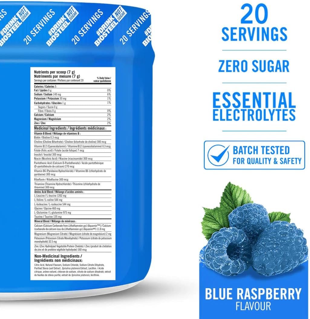 BioSteel Hydration Mix, Great Tasting Hydration with Zero Sugar, and No Artificial Flavours or Preservatives, Blue Raspberry Flavour, 20 Servings per Tub